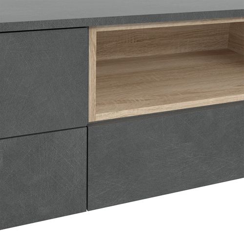 Meuble TV Décor Béton Gris Chêne Clair Et Pieds Noir - Maddy