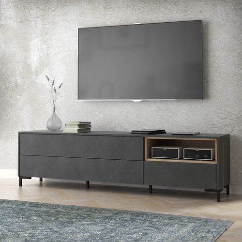 Meuble TV Décor Béton Gris Chêne Clair Et Pieds Noir - Maddy