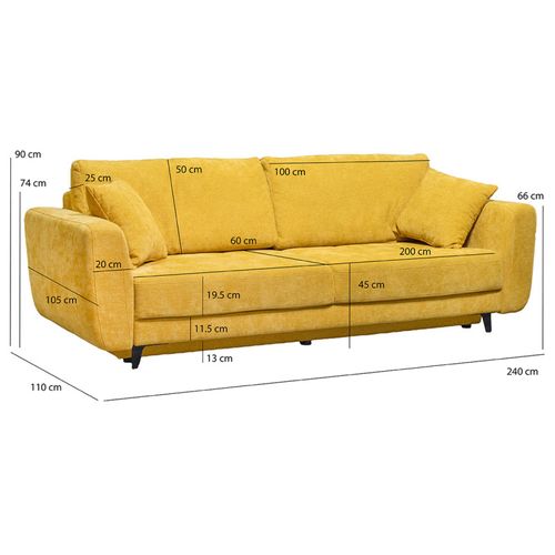 Canapé 3 Places Convertible L. 240 Cm Tissu Jaune Pieds Métal - Mindy