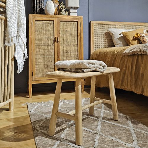 Banc / Bout De Lit En Teck Massif Avec Cannage Rotin L. 80 Cm - Bruno