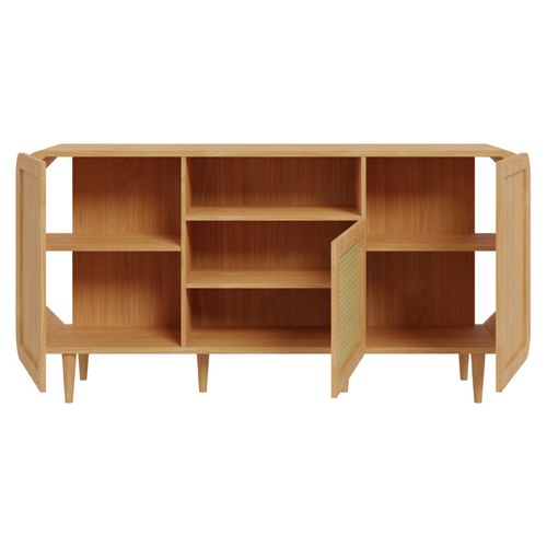 Buffet L. 160 Cm Décor Chêne Cannage Rotin Et Pieds En Bois - Vivian