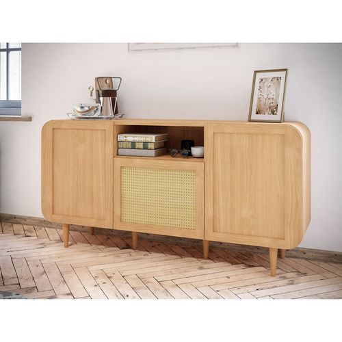 Buffet L. 160 Cm Décor Chêne Cannage Rotin Et Pieds En Bois - Vivian