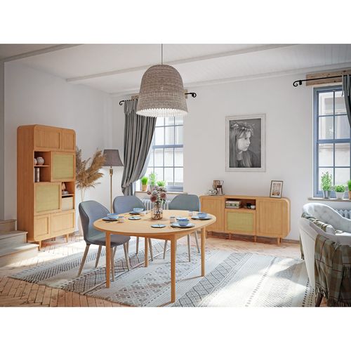 Buffet L. 160 Cm Décor Chêne Cannage Rotin Et Pieds En Bois - Vivian