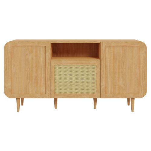 Buffet L. 160 Cm Décor Chêne Cannage Rotin Et Pieds En Bois - Vivian