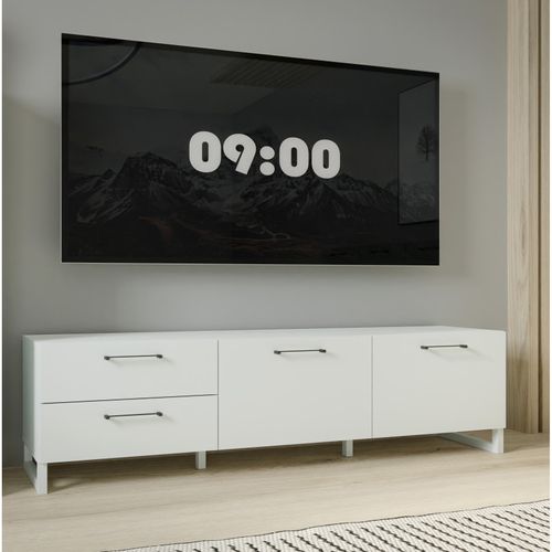 Meuble TV 165 Cm Décor Gris Clair Mat Et Poignées Métal Noir - Astoria