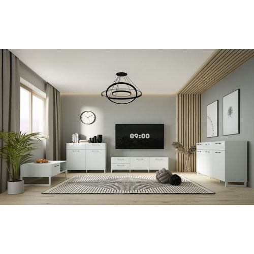 Meuble TV 165 Cm Décor Gris Clair Mat Et Poignées Métal Noir - Astoria