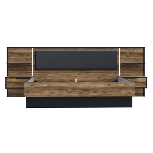 Lit 180 X 200 Cm Décor Bois Épicéa Et Noir Avec Éclairage LED - Celia