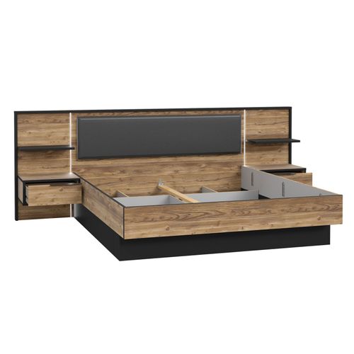 Lit 180 X 200 Cm Décor Bois Épicéa Et Noir Avec Éclairage LED - Celia