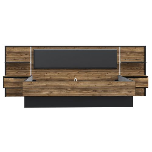 Lit 180 X 200 Cm Décor Bois Épicéa Et Noir Avec Éclairage LED - Celia