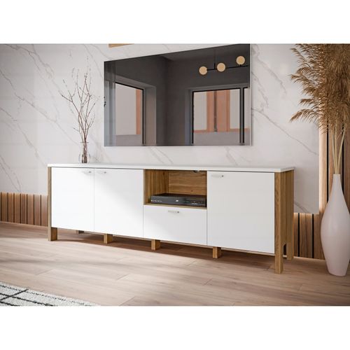 Meuble TV L. 193 Cm Avec Décor Gris Clair Et Chêne - Devonne