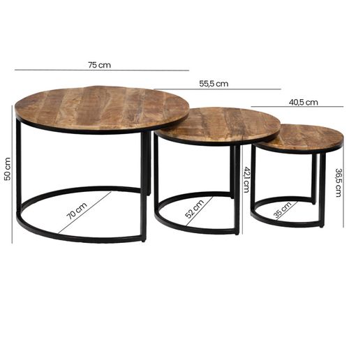 3 Tables Basses Gigognes Rondes Bois De Manguier Pieds Métal - Manho