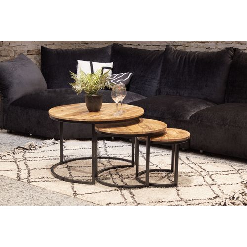 3 Tables Basses Gigognes Rondes Bois De Manguier Pieds Métal - Manho