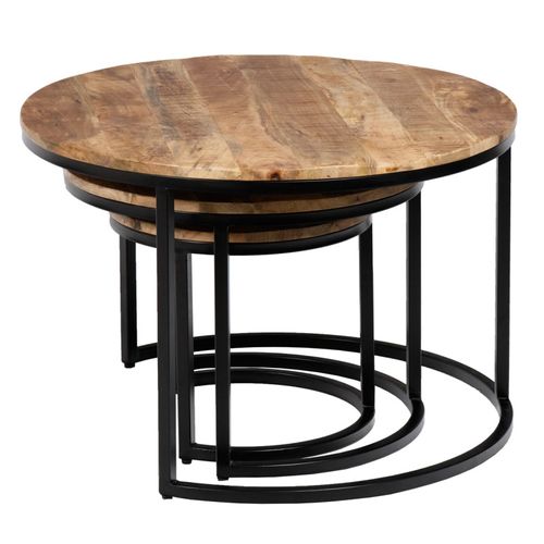 3 Tables Basses Gigognes Rondes Bois De Manguier Pieds Métal - Manho