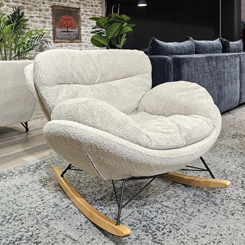 Fauteuil à Bascule Tissu Bouclette Beige Pieds Bois Et Métal - Miguel