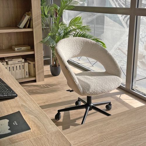 Fauteuil De Bureau En Tissu Bouclette Écru Avec Piètement Noir - Marty