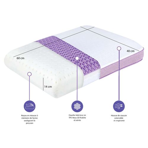Oreiller 60 X 40 Cm Élastomère 3d Et Mousse Mémoire De Forme - Dream