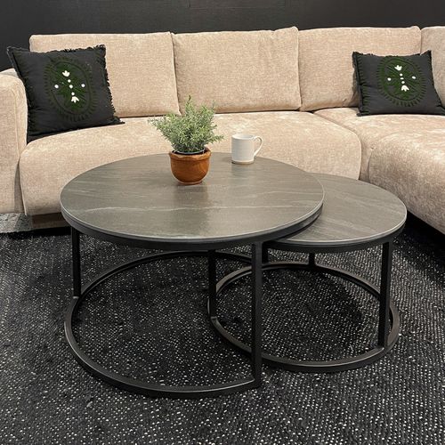 Tables Basses Gigognes Rondes Céramique Gris Marbré Pied Métal – Oxy