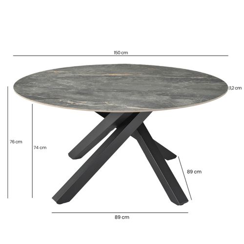 Table Ronde D.150 Cm Céramique Gris Marbré Et Pieds Métal Noir – Ruby