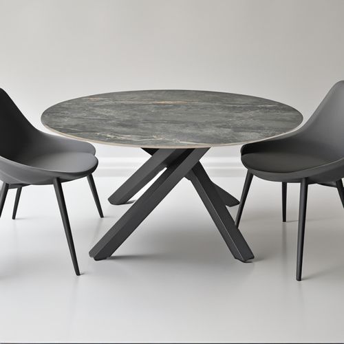 Table Ronde D.150 Cm Céramique Gris Marbré Et Pieds Métal Noir – Ruby