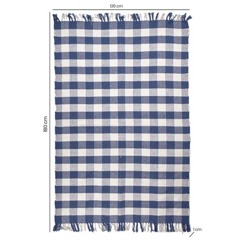 Tapis 120 X 180 Cm En Coton Brodé à Carreaux Bleu Et Blanc – Atlas