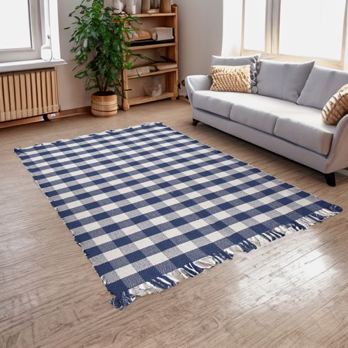Tapis 120 X 180 Cm En Coton Brodé à Carreaux Bleu Et Blanc – Atlas