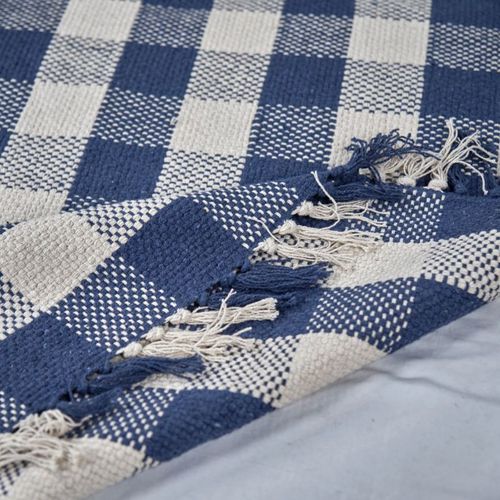 Tapis 120 X 180 Cm En Coton Brodé à Carreaux Bleu Et Blanc – Atlas
