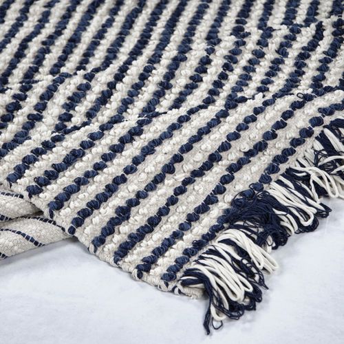 Tapis 160 X 230 Cm Texturé Bleu Marine Et Blanc Avec Franges – Soho