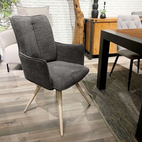 Chaise Pivotante 180° Tissu Gris Foncé Et Pieds Métal Blanc - Sabrina