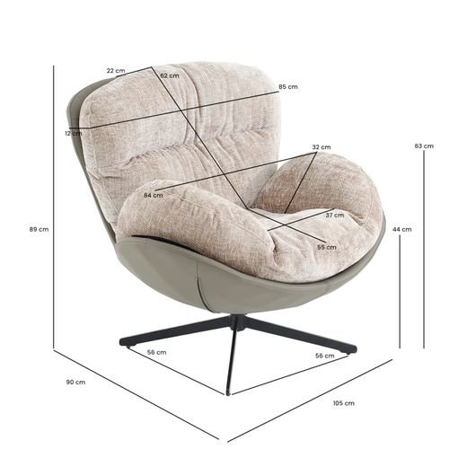Fauteuil Rotatif 360° Tissu Doux Beige Et Pieds Métal Noir - Cornelia
