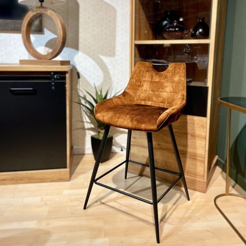 Lot 2 Tabourets Bar En Velours Jaune Moutarde Pied Métal Noir - Brandy