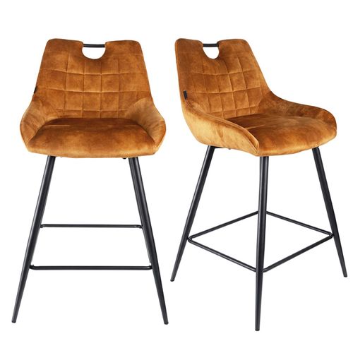 Lot 2 Tabourets Bar En Velours Jaune Moutarde Pied Métal Noir - Brandy