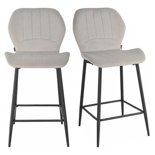 Lot 2 Tabourets De Bar Velours Gris Clair Pieds Métal Noir - Emilio 2