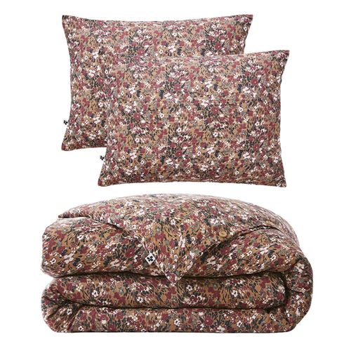 Parure De Lit 200 X 200 Cm Gaze De Coton Camel Et Fleuri - Isabela 1