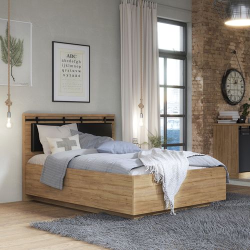 Lit 140 X 190 Cm Avec Tête De Lit En Décor Chêne Et Noir – Farm