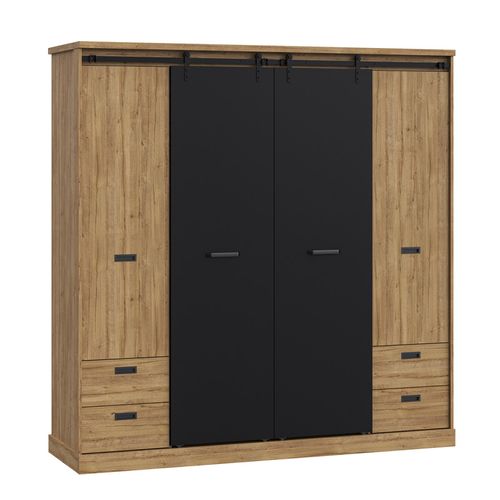 Armoire Dressing 203 Cm 4 Portes Décor Chêne Et Noir – Farm