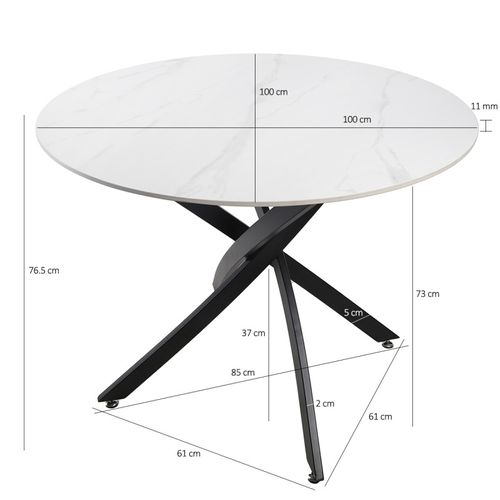 Table Ronde D. 100 Cm Céramique Blanc Marbré Pieds Métal - Ryder 2