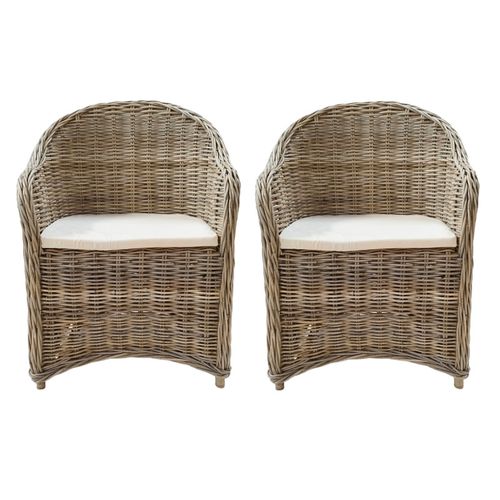 Lot De 2 Fauteuils En Kubu Naturel Tressé Avec Coussin Blanc – Maeva 2