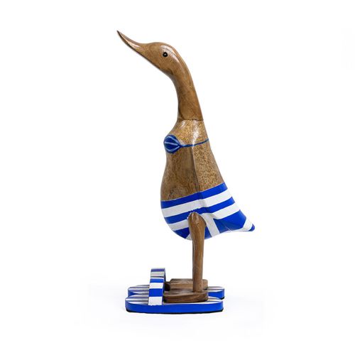 Statuette Décorative 40 Cm Canard Bleu Blanc Rayé En Teck – Dafly