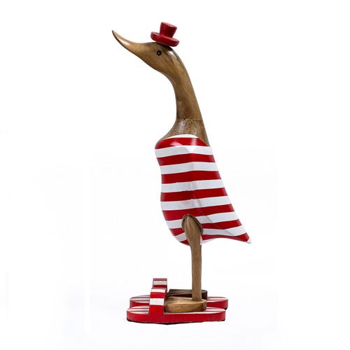 Statuette Décorative 40 Cm Canard Rouge Blanc Rayé En Teck – Dafly