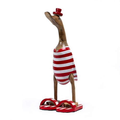 Statuette Décorative 40 Cm Canard Rouge Blanc Rayé En Teck – Dafly