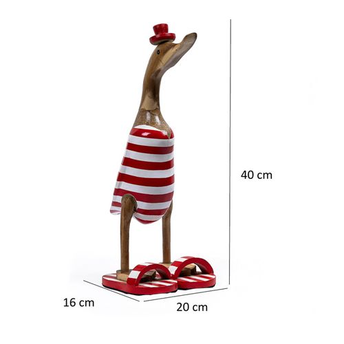 Statuette Décorative 40 Cm Canard Rouge Blanc Rayé En Teck – Dafly