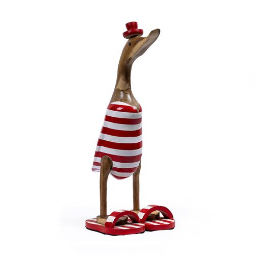 Statuette Décorative 40 Cm Canard Rouge Blanc Rayé En Teck – Dafly