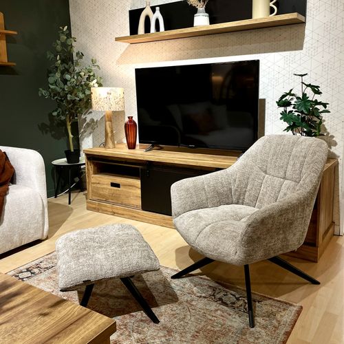 Fauteuil Rotatif 360° Et Repose-pied Tissu Beige Pieds Métal – Gillian
