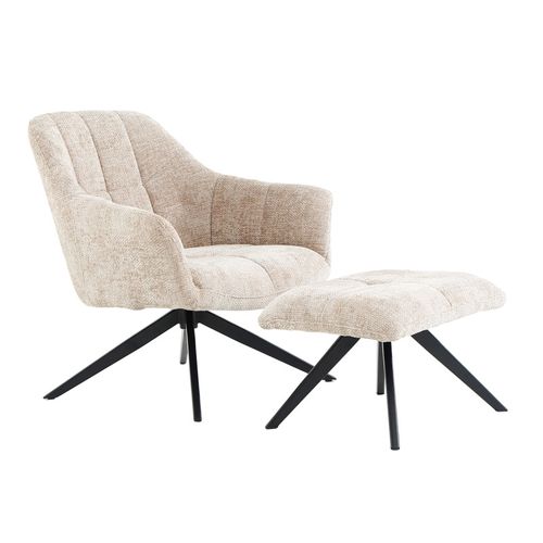 Fauteuil Rotatif 360° Et Repose-pied Tissu Beige Pieds Métal – Gillian