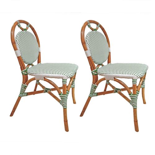 Lot 2 Chaises Bistrot En Rotin Naturel Cannage Vert Et Blanc - Pigalle