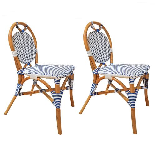 Lot 2 Chaises Bistrot En Rotin Naturel Cannage Bleu Et Blanc - Pigalle