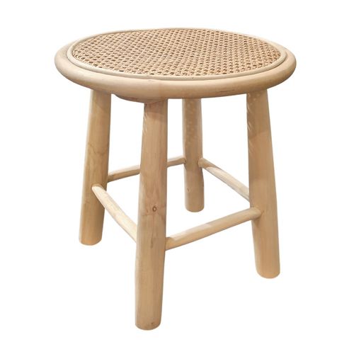 Table D'appoint Ronde 40 Cm En Bois De Teck Et Cannage Rotin - Bruno