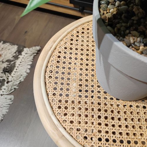 Table D'appoint Ronde 40 Cm En Bois De Teck Et Cannage Rotin - Bruno