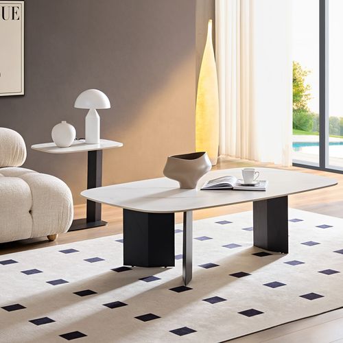 Table Basse 150 Cm Céramique Blanc Marbré Et Pieds Métal – Opaline