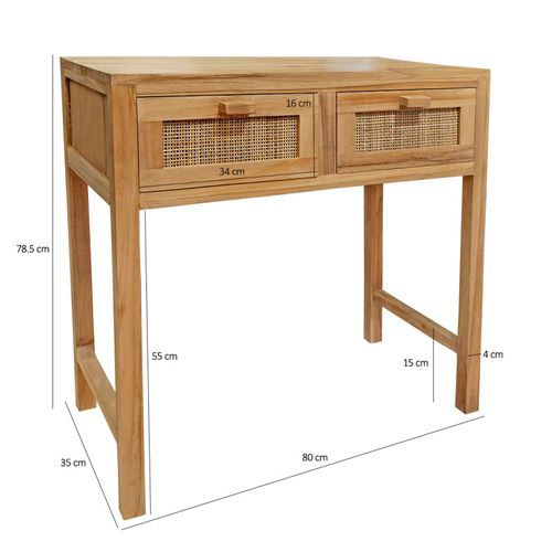 Console L. 80 Cm En Teck Massif 2 Tiroirs Cannage En Rotin - Camilo